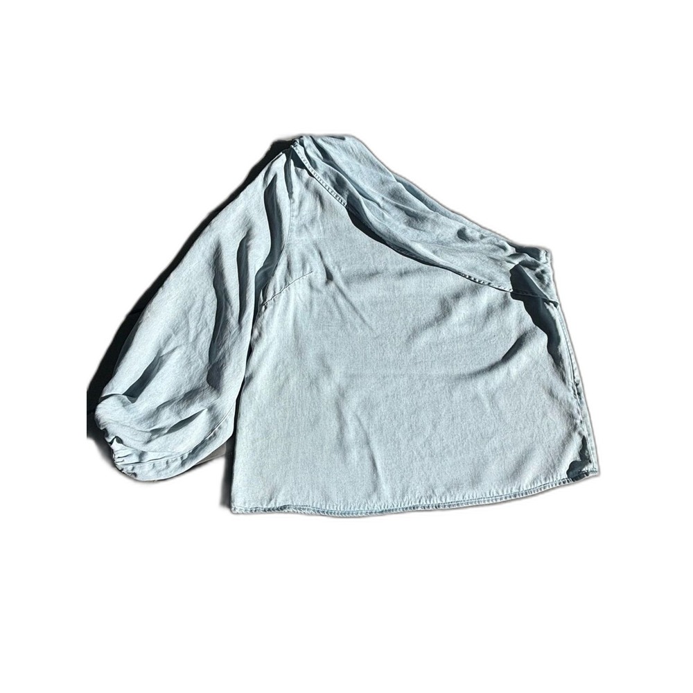 Light blue One Shoulder Top Women's Size 48 XXL Balloon Sleeve Denim